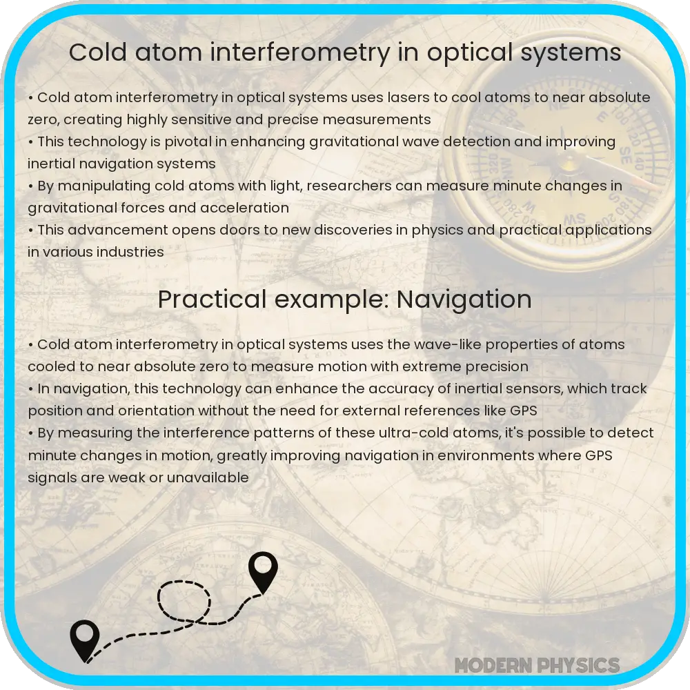 Cold atom interferometry in optical systems